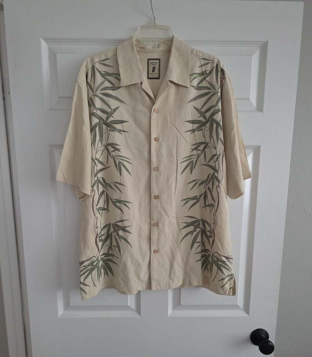 Jamaica Jaxx Men's Silk Bamboo Tropical Shirt Cream Green XL EUC